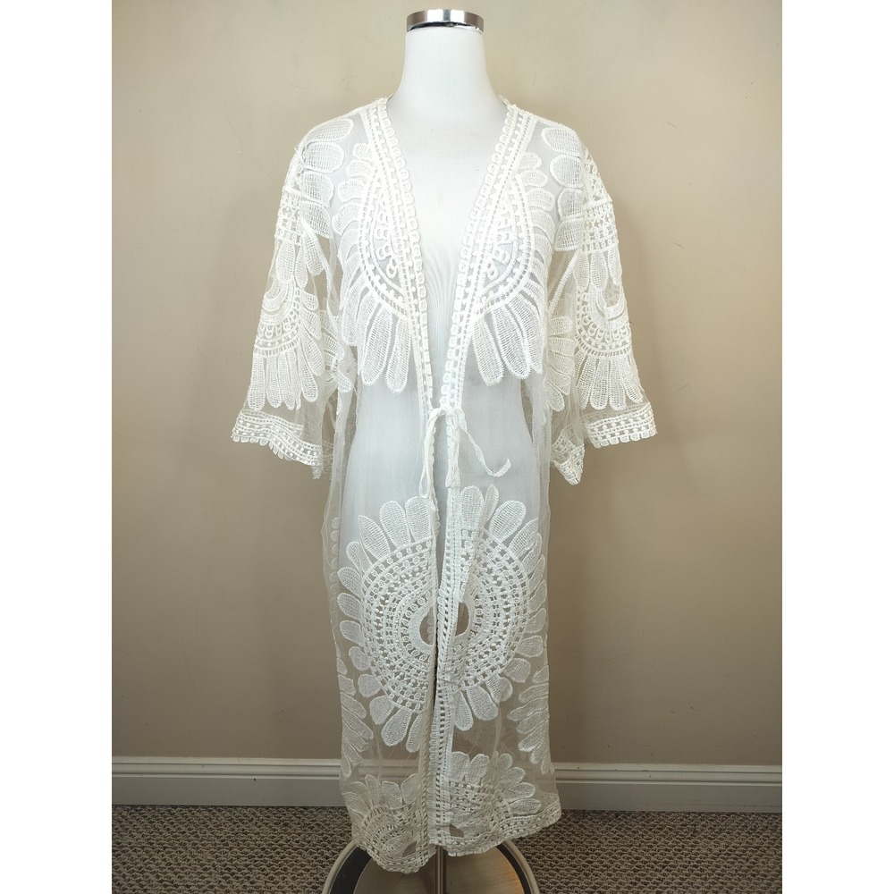 Jardin Sheer Floral Embroidered Duster Kimono One Size Boho White